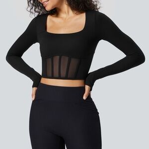 Halara Square Neck Thumb Hole Corset Mesh Cropped Yoga Sports Top